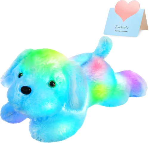Vista 11 de WEWILL Cachorro azul iluminado de 10 pulgadas con luz LED con luz nocturna colorida, juguete de peluche suave, regalo para niños en Navidad