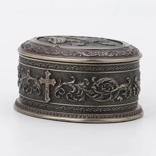 Vista 8 de Veronese Design 2 1/2 pulgadas de alto, mano orante, forma ovalada, caja de baratija, escultura de resina bronceada, escultura religiosa