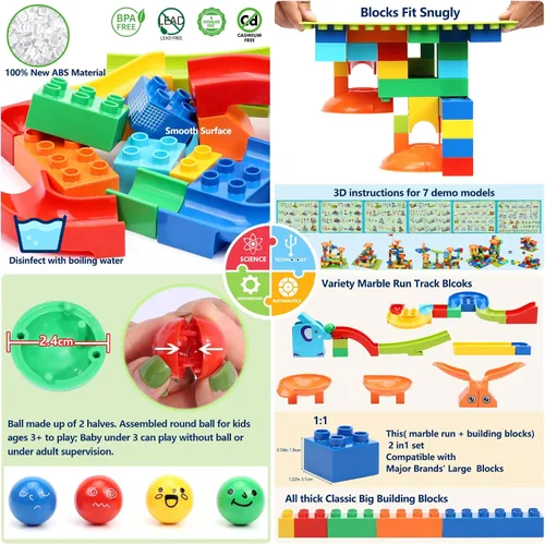 Vista 2 de COUOMOXA Construcción de Marble Run para niños: juego de bloques de construcción STEM compatible con ladrillos clásicos, juguetes educativos