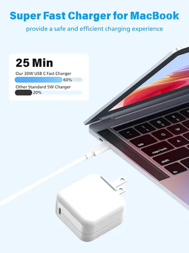 Vista 2 de Cargador de aire para MacBook de carga rápida, Apple 30 W, adaptador de corriente USB C extralargo cable USBC de 10 pies compatible con MacBook Pro