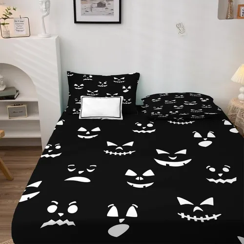 Vista 3 de Sábanas de cara de fantasma, tamaño individual, sábanas de microfibra suave y bolsillo profundo, sábanas y fundas de almohada estampadas sin