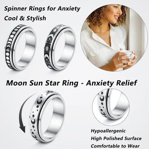 Vista 3 de CASSIECA Anillos giratorios de acero inoxidable para mujeres y hombres anillos giratorios de flores luna estrella anillos de ansiedad frescos