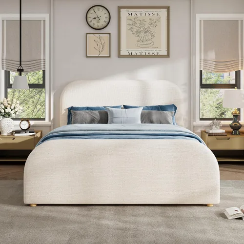 Vista 3 de Merax Marco de cama tamaño Queen, cama de plataforma tapizada de lino con cabecero y estribo de 44 pulgadas de alto, base de madera maciza, diseño