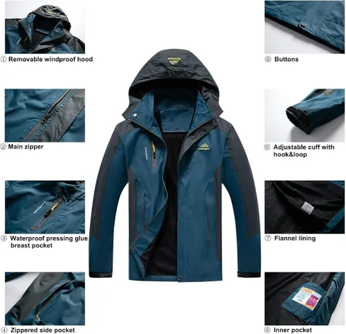 Vista 6 de JOGERBRO Chaqueta impermeable para hombre, con capucha, senderismo, pesca, resistente al viento