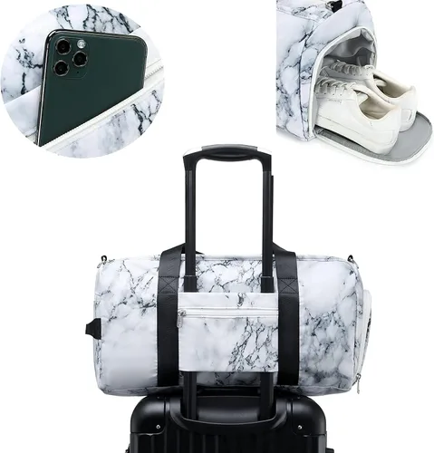Vista 9 de Mochila deportiva de lona para viaje o gimnasio, para hombre y mujer, con compartimento para zapatos y bolsillo para cosas húmedas
