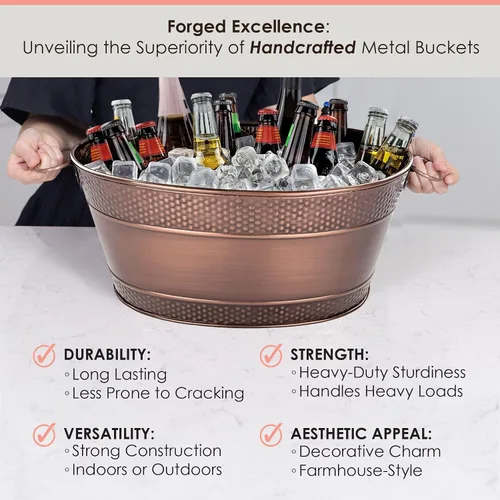 Vista 7 de BREKX Colt - Recipientes para bebidas con acabado de cobre para fiestas, cubetas ovaladas martilladas para 16 botellas para fiestas, cubos de hielo