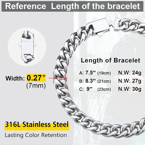 Vista 7 de ChainsProMax Pulseras de cadena cubana de acero inoxidable para hombre, 5790.472 in de ancho, 7.58.39 pulgadas de largo, negrodorado