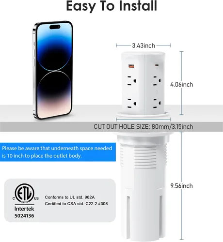 Vista 2 de ANNQUAN Receptáculo Emergente de Encimera de 3" con 4 Puertos USB Cargador Inalámbrico de 15W, Entrega de Energía Máxima de 20W Receptáculo Blanco