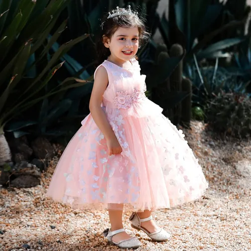 Vista 2 de Vestido de tutú de mariposa con pétalos de flores para niños, para boda, concurso de baile, primera comunión, cumpleaños, tul