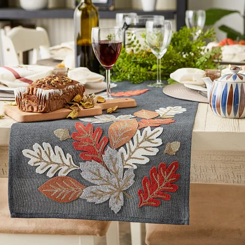 Vista 4 de DII Decoración de mesa de otoño bordada para comedor de Acción de Gracias, camino de mesa, 14 x 70 pulgadas, hojas de otoño