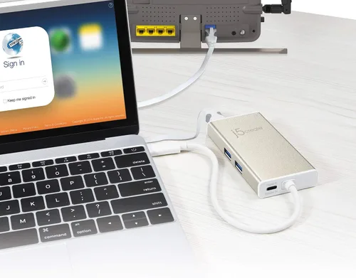Vista 6 de j5create Estación de acoplamiento multiadaptador USB C Hub con HDMI 4K, 2 puertos USB 3.1 SuperSpeed, Ethernet, Power Delivery 2.0 (JCA374)