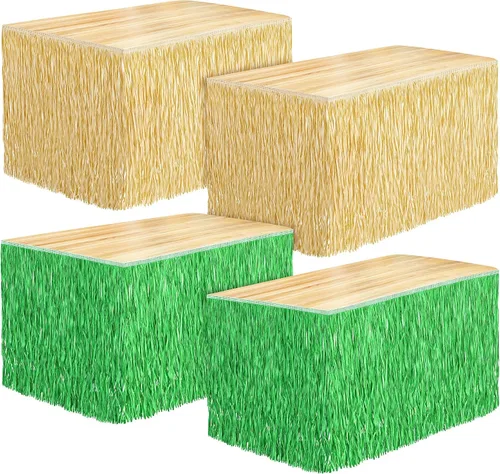 Vista 16 de Fovths 1 paquete de falda de mesa de hierba Luau con flecos de papel, falda de paja oscura de 108 x 30 pulgadas, faldas de mesa hawaianas
