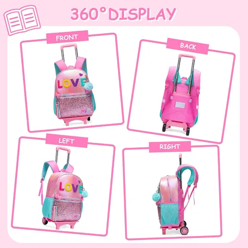 Vista 11 de Mochila con ruedas para niñas, mochila escolar con ruedas, bolsa escolar con bolsa de almuerzo y bolsa para lápices, mochila con ruedas para niños