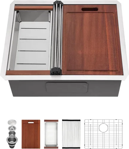 Vista 28 de Sarlai Fregadero de cocina empotrado de 30 pulgadas dorado - Fregadero de cocina de 76,2 cm x 45,7 cm con repisa para estación de trabajo de acero