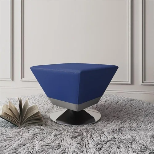 Vista 2 de Manhattan Comfort Diamond - Otomana giratoria de 360°, tapicería de cuero vegano, parte superior cuadrada biselada con elegante base cromada Azul