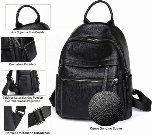 Vista 5 de COOLCY Mochila de cuero genuino para mujer, mochila multifuncional elegante para mujer (negro) pequeño