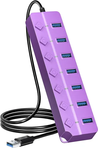 Vista 9 de ONFINIO Hub USB 3.0, divisor de concentrador USB de 7 puertos con interruptores individuales de encendido/apagado y luces, cable de 3.2 pies/1m