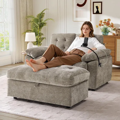 Vista 24 de Chaise Lounge Chair para interiores con puerto USB y soporte para teléfono, sillón reclinable pequeño de felpilla con otomana de almacenamiento