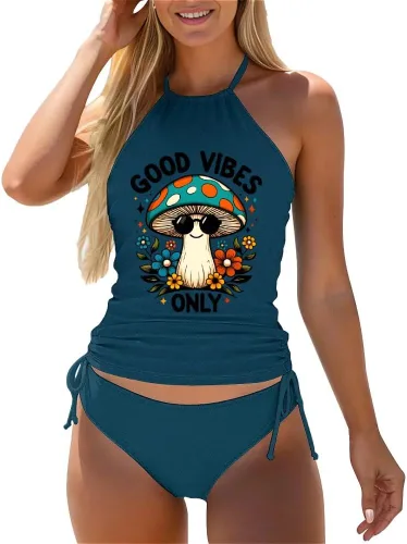 Vista 14 de Omichic Trajes de baño tankini para mujer, de dos piezas, blusa tipo tankini modesta con parte inferior de bikini Negro