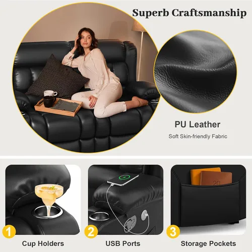 Vista 4 de Juego de sofá reclinable loveseat con 2+1 piezas, 2 plazas estilo minimalista reclinable manual con tirador, loveseat con puertos de carga USB