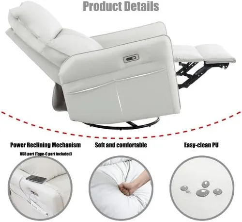 Vista 5 de Silla reclinable eléctrica giratoria con puertos USB, piel sintética para dormitorio (gris claro)