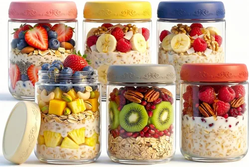 Vista 10 de Paquete de 4 de 10 OZ, Frascos para Avena Nocturna con Tapas, Recipientes de Vidrio para Preparación de Comidas, Frascos Mason Herméticos