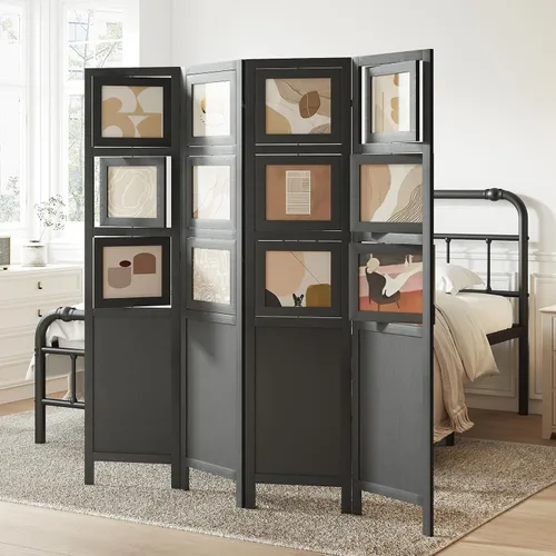 Vista 5 de Divisor de habitación para fotos de 4 paneles, pantalla de privacidad plegable independiente y decorativo con 16 marcos para oficina en casa (negro)