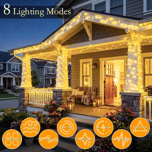Vista 3 de Guirnalda de 200 luces LED de color blanco cálido de 66 pies, cable verde oscuro, 8 modos de temporizador, IP44, impermeable, para interiores