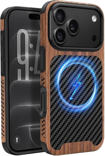 Vista 45 de Funda magnética compatible con iPhone 11 [Compatible con MagSafe] Diseño híbrido de madera y cuero con fibra de carbono, funda protectora a prueba