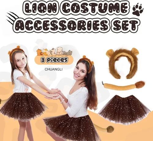 Vista 2 de Conjunto de disfraz de león de 3 piezas, diadema con orejas de león con cola y tutú para mujer, accesorios de fiesta de cosplay de Halloween