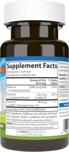 Vista 2 de Carlson - Vitaminas A, D3, K2, 3000 mcg RAE Vitamina A, 125 mcg de Vitamina D3, 90 mcg de Vitamina K2 como MK-7, Construcción de Huesos, Utilización