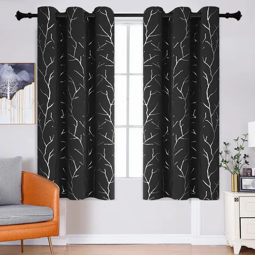 Vista 106 de BUHUA Cortinas pequeñas para ventana de 36 pulgadas de largo, 2 paneles, cortinas opacas con elegantes ramas de árbol plateadas, cortinas de bloqueo