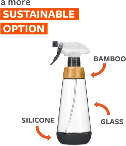 Vista 2 de Full Circle Botella de servicio recargable - Botella de spray de vidrio para limpieza - Opciones versátiles de chorro y neblina, bambú, tapón