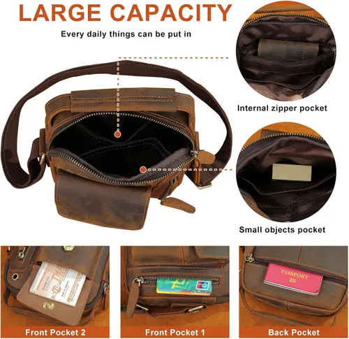Vista 2 de BAIGIO Bolso cruzado de cuero genuino para hombre, bolso de hombro pequeño, bolso de mensajero, maletín de cuero, regalo del padre