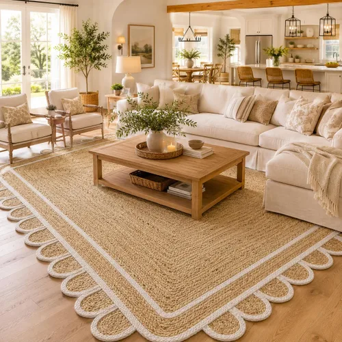 Vista 14 de Alfombra festoneada de yute natural, base natural con ribete blanco hueso, alfombra bohemia de granja hecha a mano con respaldo antideslizante
