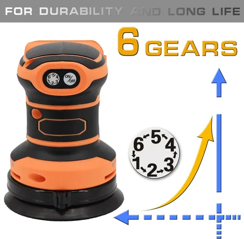 Vista 3 de Lijadora orbital inalámbrica sin escobillas de 6 velocidades máx. 21000 RPM, lijadora eléctrica de 5 pulgadas con colector de polvo compatible