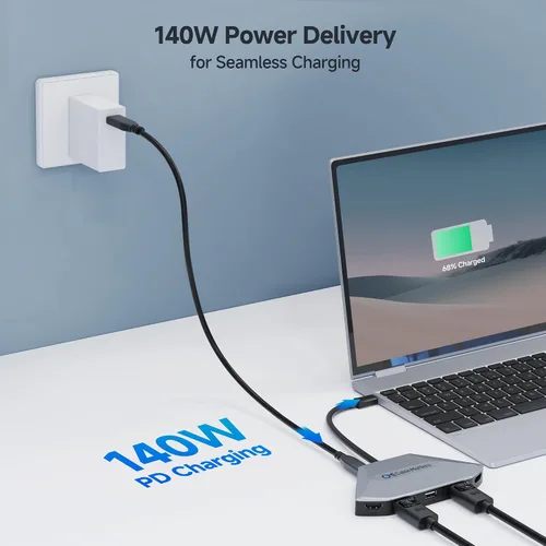 Vista 7 de Cable Matters Adaptador USB C MST de pantalla cuádruple 4K, HDMI/DP de doble función Windows Only, 4x 4K@60Hz, 140W Charging, USB C Hub Dual