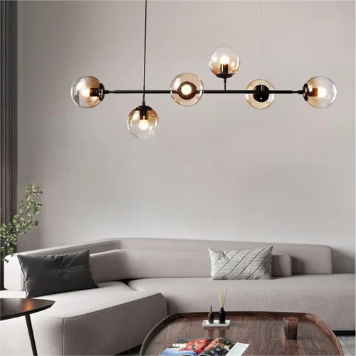 Vista 5 de BOKT Moderna lámpara colgante de bola de cristal de 6 luces para isla de cocina, lámpara colgante lineal para sala de estar, comedor