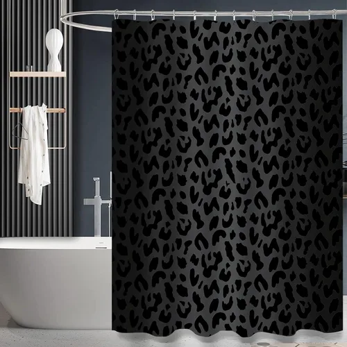 Vista 11 de Cortina de ducha (60" x 72"), estampado de leopardo guepardo negro, tela de poliéster, impermeable, estilo moderno, baño Negro-d1