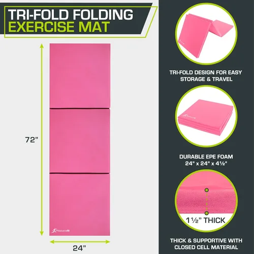 Vista 2 de Prosource Fit Tri-Fold - Alfombrilla de ejercicio gruesa plegable de 6 x 2 pies con asas de transporte para MMA, gimnasia, estiramiento Rosa