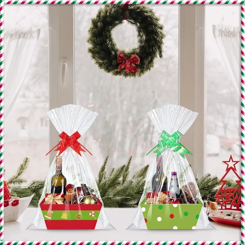 Vista 5 de Cholemy Kit de 24 cestas – Bandejas, bolsas y lazos de papel kraft vacíos – Cinturón de elfo y cestas de cartón de caramelo con asas
