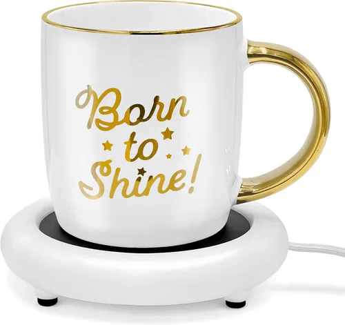 Vista 6 de Taza de café con calentador, taza eléctrica motivacional para amantes del café, regalos para cumpleaños/Navidad, 12oz Born to Shine (caja de regalo)