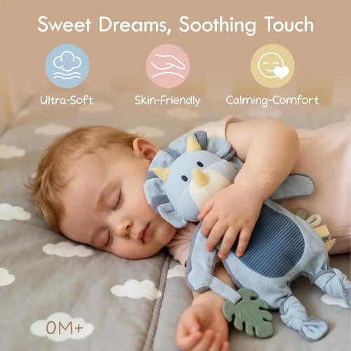 Vista 2 de Moonkie Baby Lovey con mordedor de silicona, manta de seguridad de dinosaurio con cintas texturizadas, juguetes arrugados, terciopelo Minky suave