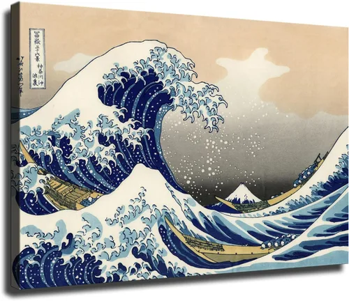 Vista 6 de Póster de lienzo impreso con texto en inglés «The Great Wave off Kanagawa» de Katsushika Hokusai, arte de pared, pintura retro, estética, decoración