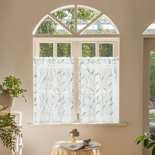 Vista 9 de VOGOL Juego de cortinas transparentes bordadas y cenefas para sala de estar, con bolsillo para barra blanca, par de cortinas traslúcidas