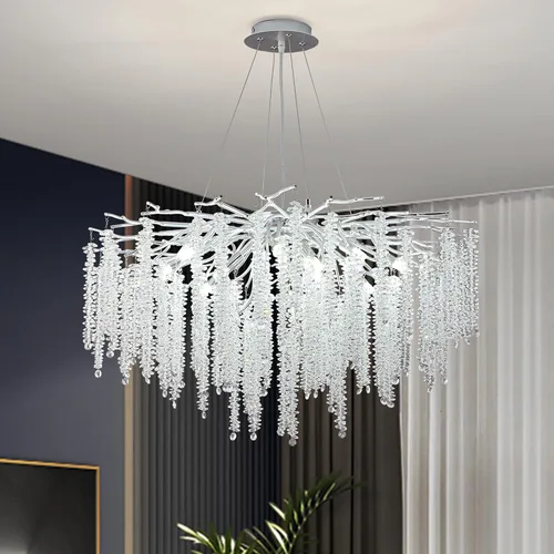 Vista 21 de Lámpara de araña moderna de cristal en forma de gota de lluvia, lámpara lineal negra rectangular de 40' de la serie Art Deco con forma de rama