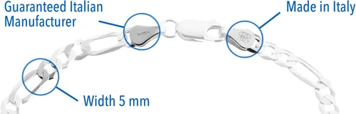 Vista 2 de Quadri - Cadena de eslabones Figaro en plata de ley 925 pulsera italiana de 0197in para mujeres hombres niñas y niños de 7 a 9 pulgadas calidad