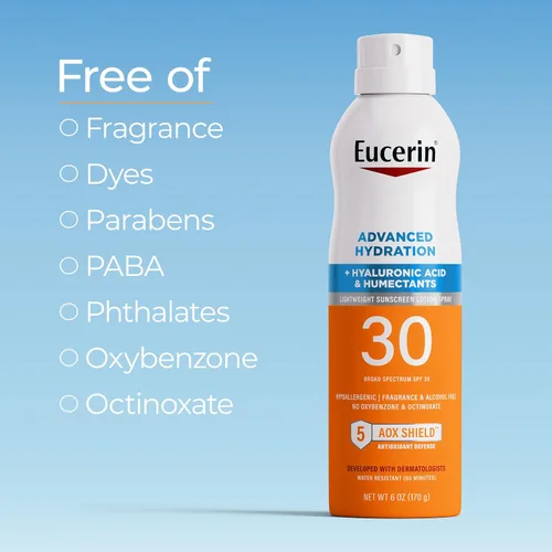 Vista 6 de Eucerin Spray protector solar de hidratación avanzada SPF 30, 6 onzas Protector solar ligero en aerosol SPF 30 con ácido hialurónico