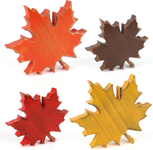 Vista 10 de COCHIE Decoraciones de hojas de otoño de madera para oficina en el hogar, granja, set de 4 para decoración de mesa de Acción de Gracias, bandeja