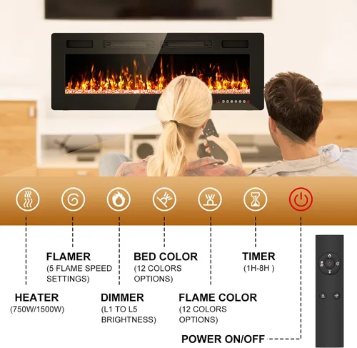 Vista 4 de Chimenea eléctrica de 50" empotrada y montada en la pared con control remoto, pantalla táctil